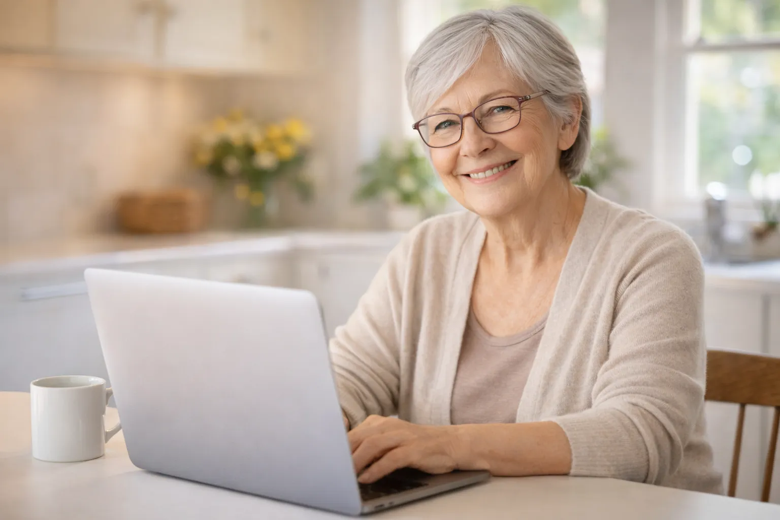 Smiling senior woman confidently using her laptop at home