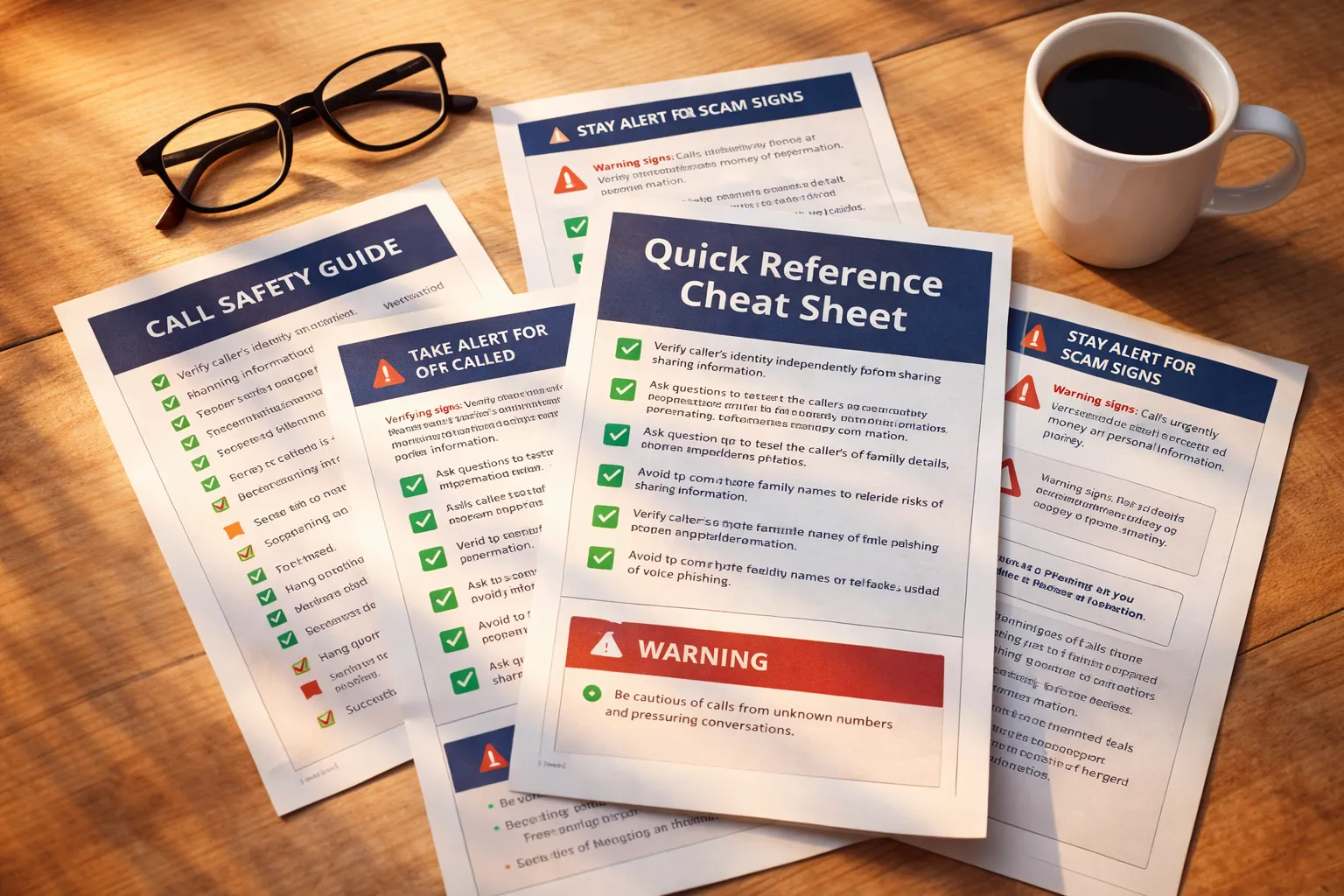 Interior pages from the Scam Protection Guide showing checklists, warning boxes, and the Quick Reference Cheat Sheet